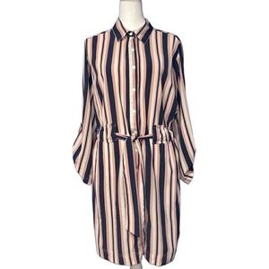Millenium Striped Shirt Dress Navy Pink Cream Long Sleeve Tie Waist Large